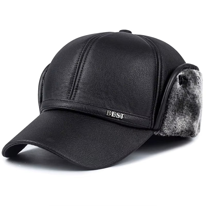 Winter New Men'S Hat Imitation Leather Baseball Cap, Fashion Ear Protection Cap, Cap, Winter Outdoor Warm Hat, Elderly Hat