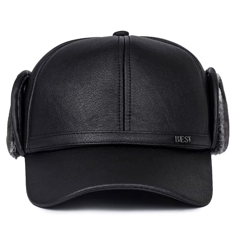 Winter New Men'S Hat Imitation Leather Baseball Cap, Fashion Ear Protection Cap, Cap, Winter Outdoor Warm Hat, Elderly Hat